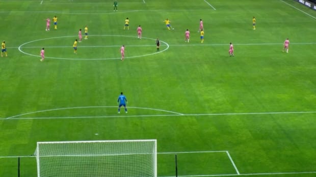 Aymeric Laporte pictured shooting from his own half to score with a 70-yard free-kick for Al Nassr against Inter Miami in February 2024